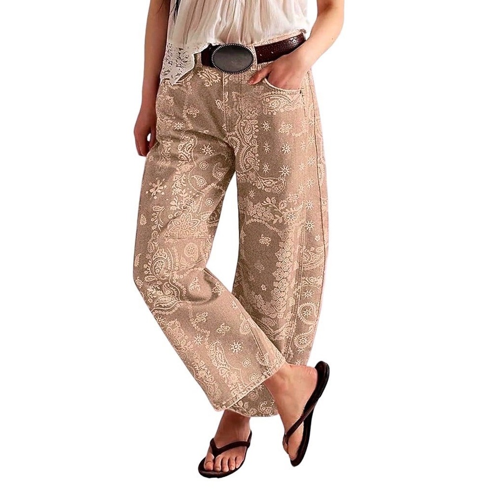 Loveimgs Womens Paisley Print Barrel Leg Khaki Boho Denim Size S